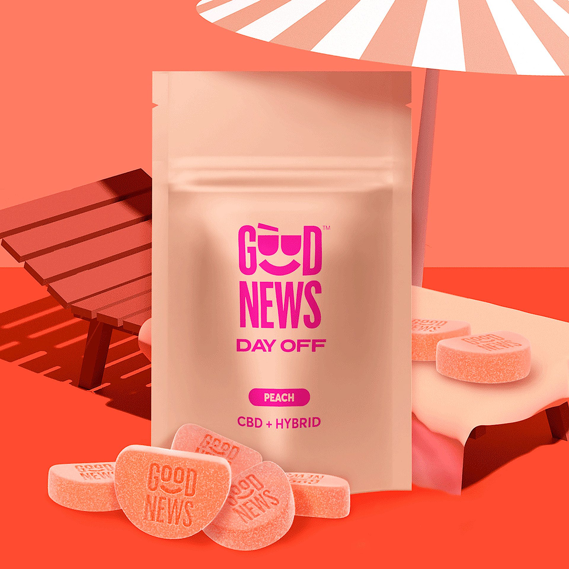 Photograph of product: Good News Day Off 1:1 Peach Gummies 100mg 20pk (TH-oui:CBD)