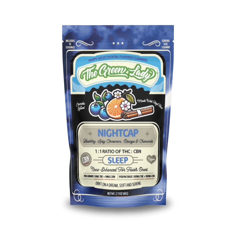 Photograph of product: The Green Lady | Gummies | 10pk | Nightcap | Blueberry | Spicy Cinnamon | Chamomile | Sleep | Fast Acting | Vegan | 100mg TH-oui : 100mg CBN