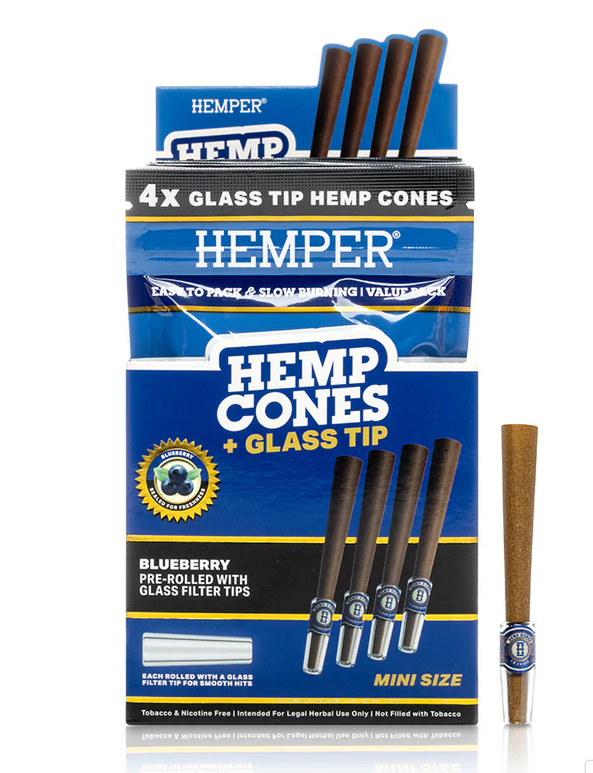 Photograph of product: Accessories | Hemper | Mini Size Hemp Cones + Glass Tip | Blueberry | 4pk