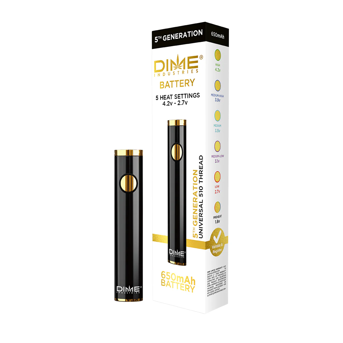 Photograph of product: Dime Industries - Mini 510 Battery 5th Generation (Gold)