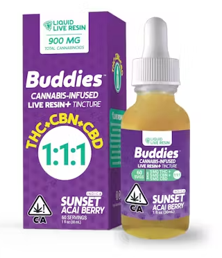 Photograph of product: Buddies Sunset Tincture Liquid Live Resin TH-oui/CBD/CBN 5mg:5mg:5mg 900mg 30ml