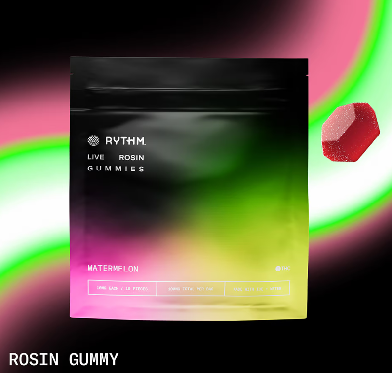 Photograph of product: RYTHM WATERMELON SOLVENTLESS LIVE ROSIN GUMMIES 10PK 100MG