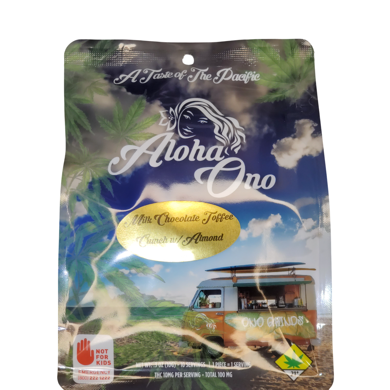 Photograph of product: Aloha Ono Milk Chocolate Toffee Crunch With Almonds 10pk 100mg