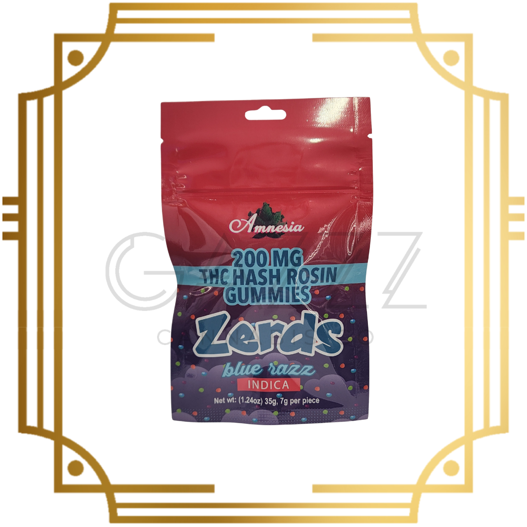 Photograph of product: Amnesia Zerds Blue Razz au chocolat Rosin Gummies 200MG