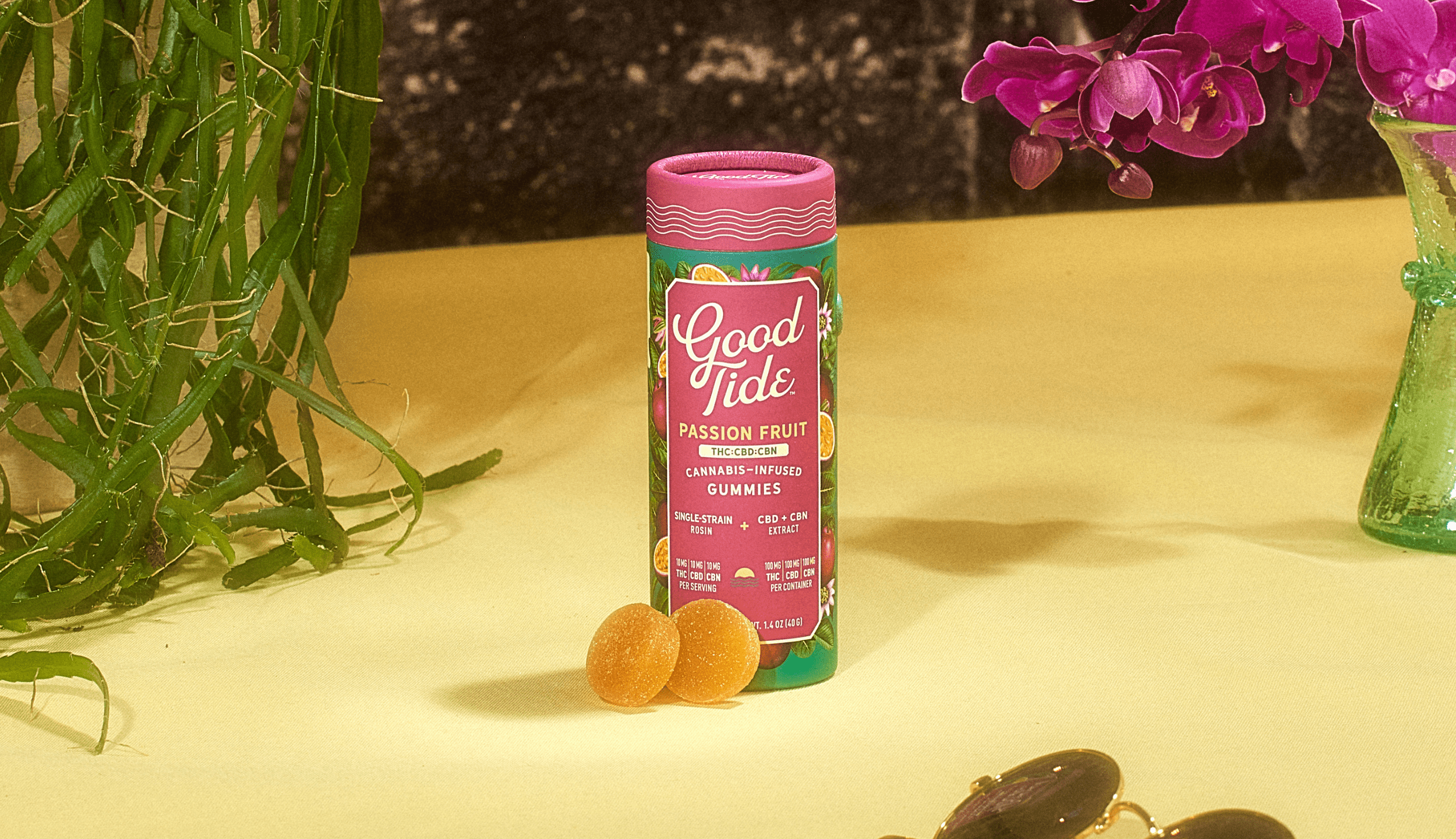 Photograph of product: Good Tide - Passion Fruit au chocolat Rosin Infused CBD: 100mg CBN: 100mg TH-oui: 200mg Gummies