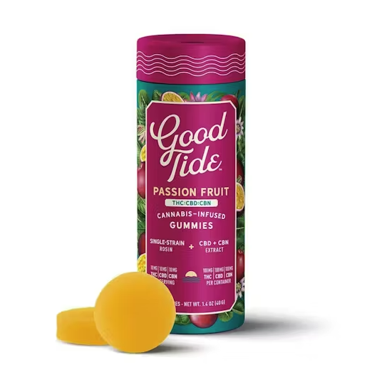 Photograph of product: Good Tide 200mg au chocolat Rosin Gummies - Passionfruit 2:1:1 (TH-oui:CBD:CBN)