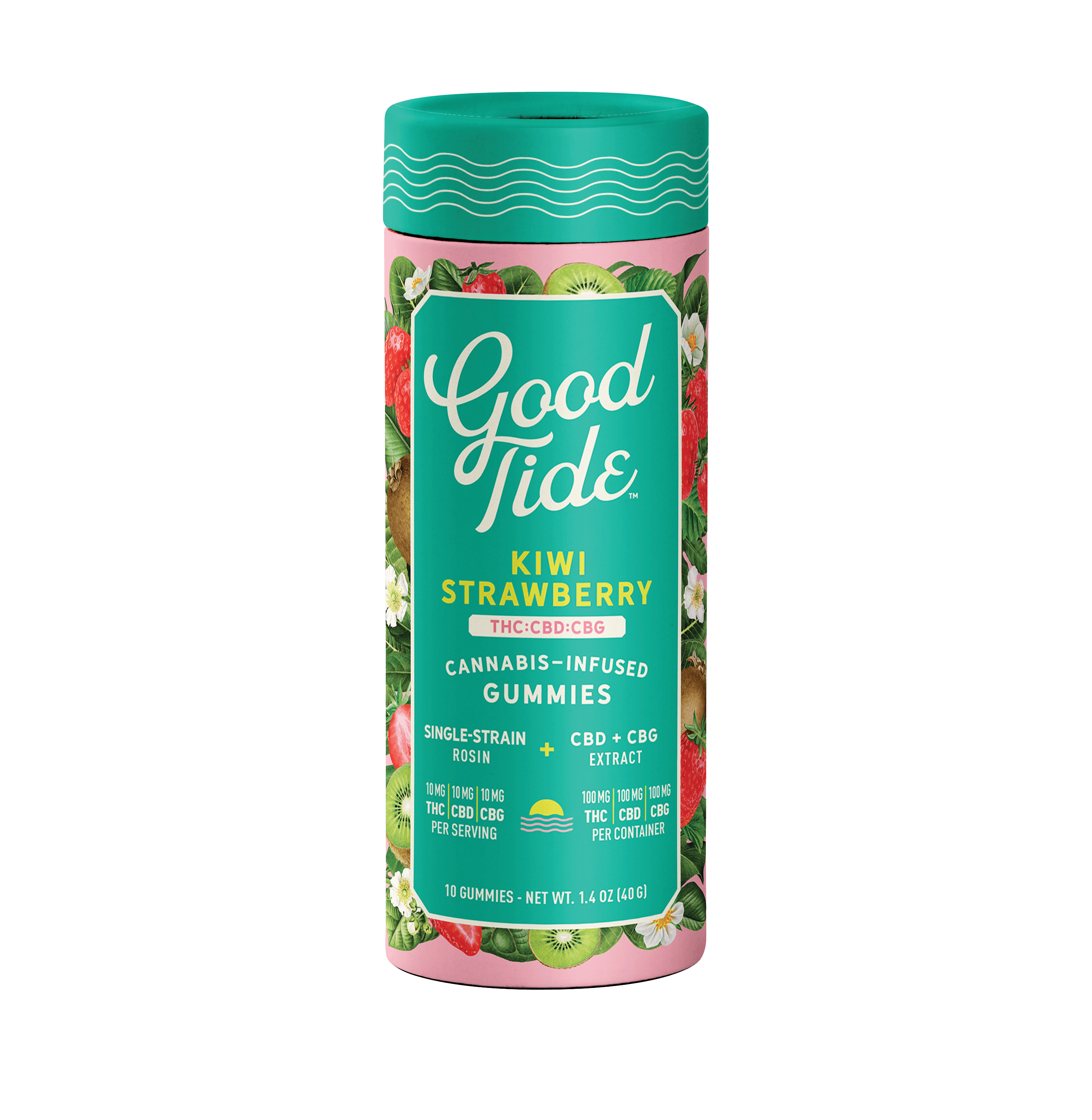 Photograph of product: Good Tide - Kiwi Strawberry Hash Rosin Infused CBD:100mg CBG: 100mg THC: 200mg Gummies