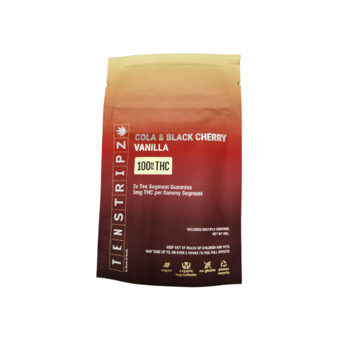 Photograph of product: 10 Stripz | Gummies | Cola & Black Cherry Vanilla | 100mg