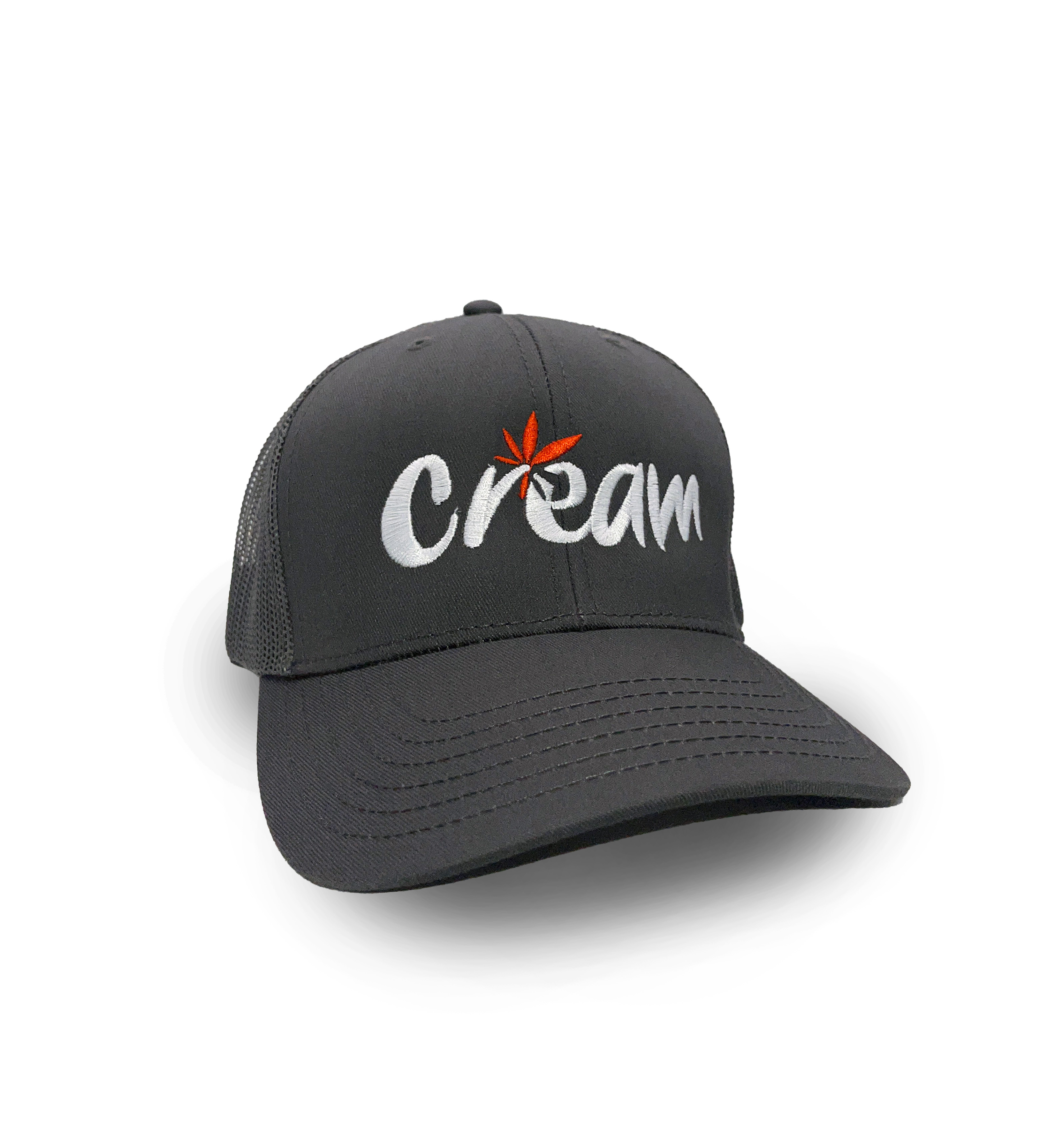 Photograph of product: Dark Grey Trucker Hat with Cream Logo