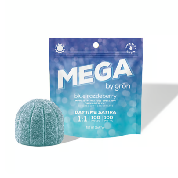Photograph of product: MEGA | Blue Razzleberry 1:1 (TH-oui,CBG) Rosin Gummy 1Pk - Oui'd (Macro Dose)