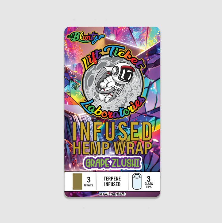 Photograph of product: Lift Ticket - Grape Zlushi Infused Bluntz Hemp Wraps + Glass Tips - 3pk