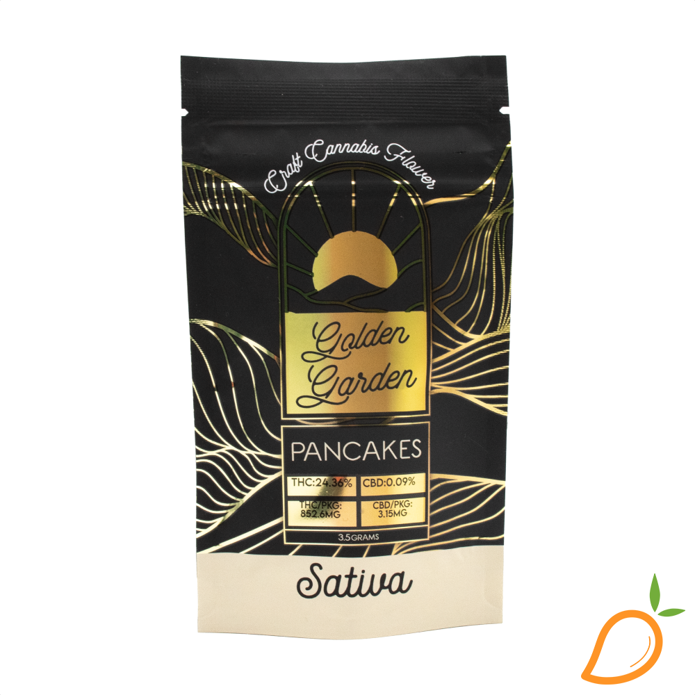 Photograph of product: 3.5g Pancakes Prepackaged Flower Golden Garden