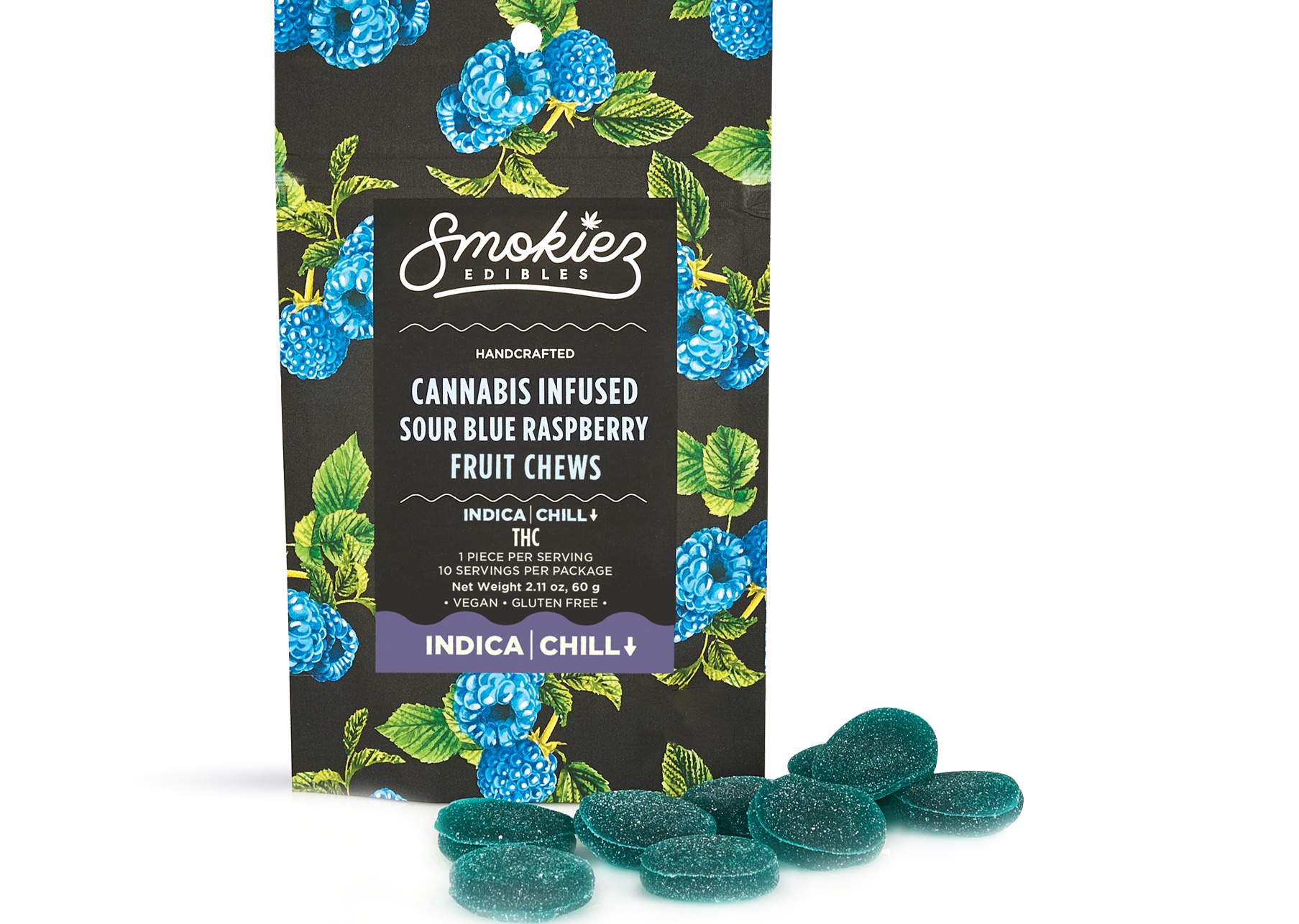 Photograph of product: Smokiez | Sour Blue Raspberry Oui'd  100mg TH-oui Fruit Chews