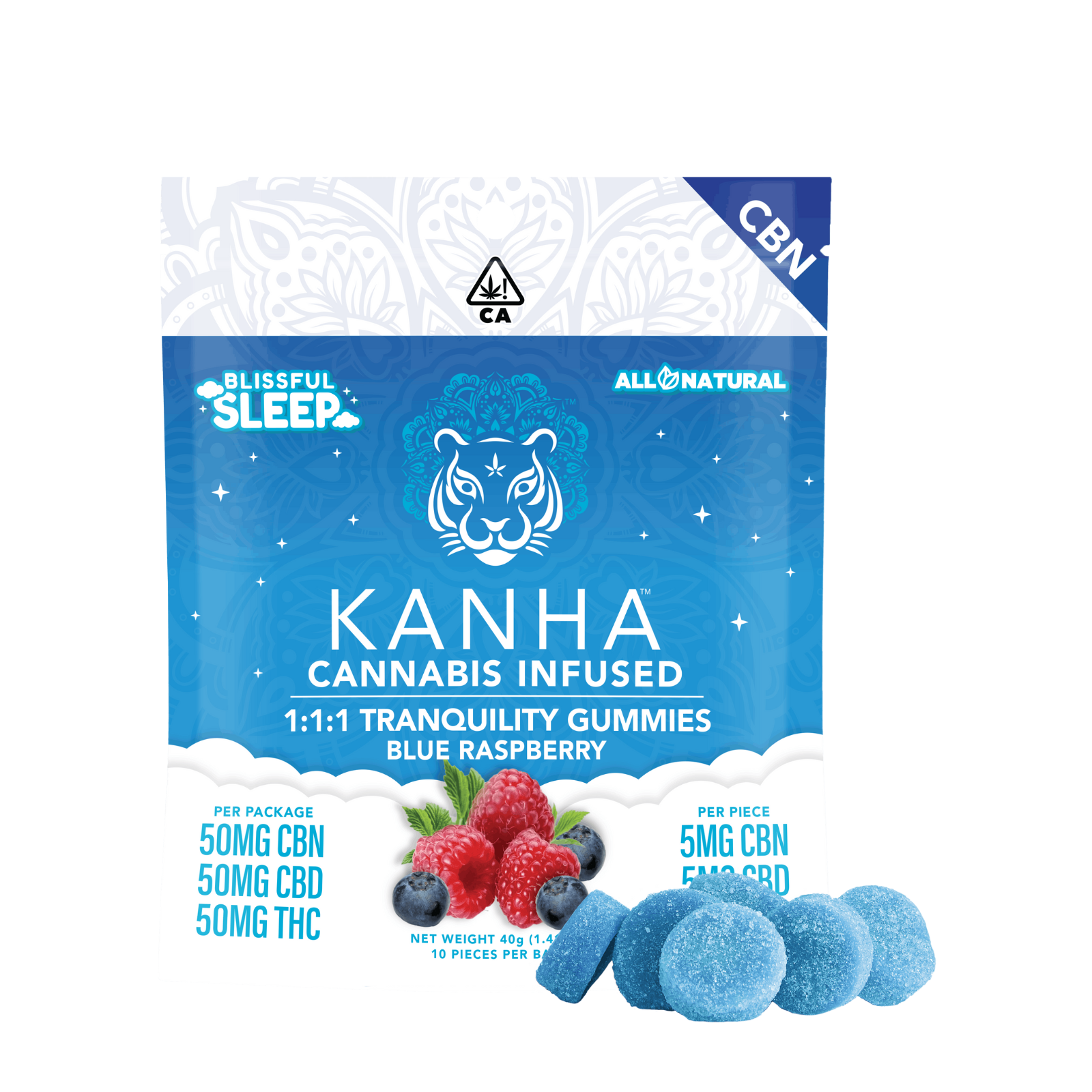 Photograph of product: 50mg 10pk Gummies  | 1:1:1 CBN Blue Raspberry | Kanha