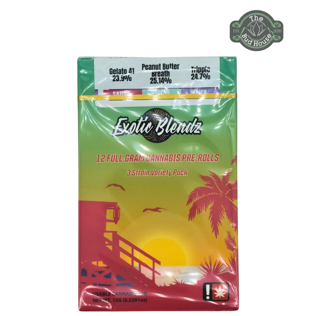 Photograph of product: Exotic Blendz 12pk GELATO 41(S)/PEANUT BUTTER BREATH(H)/TRIPPLE(I) 1g Pre-Rolls