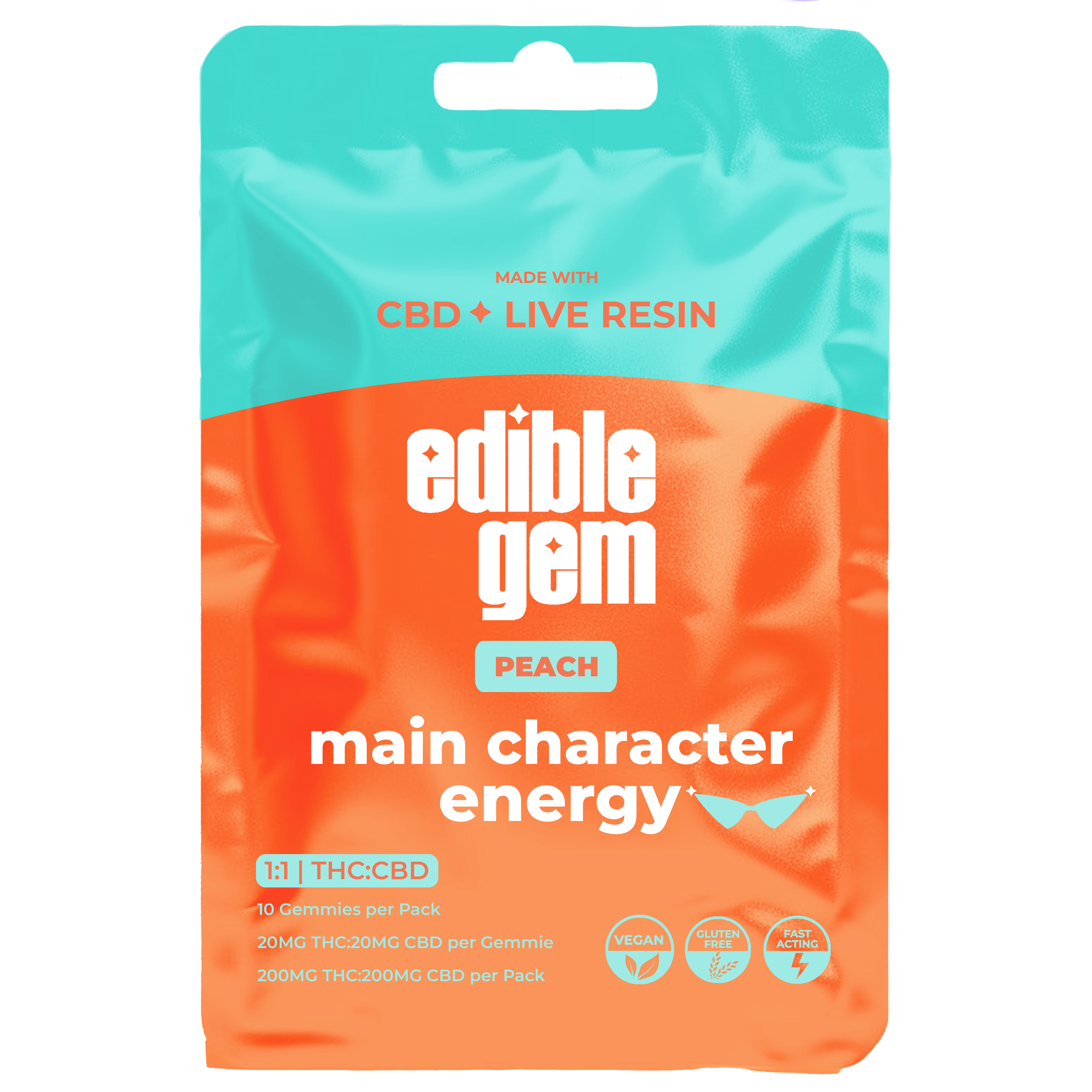 Photograph of product: Edible Gem - Peach 1:1 TH-oui:CBD Live Resin Gummies 200mg