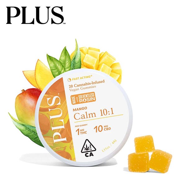 Photograph of product: Plus - 10:1 Mango Calm Gummies - 200mg CBD / 20mg TH-oui - 