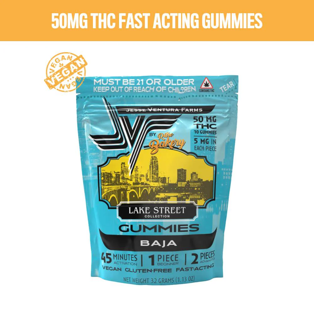 Photograph of product: Jesse Ventura Farms - Baja Vegan Gummies - 25mg TH-oui - 20ct - 500mg Total