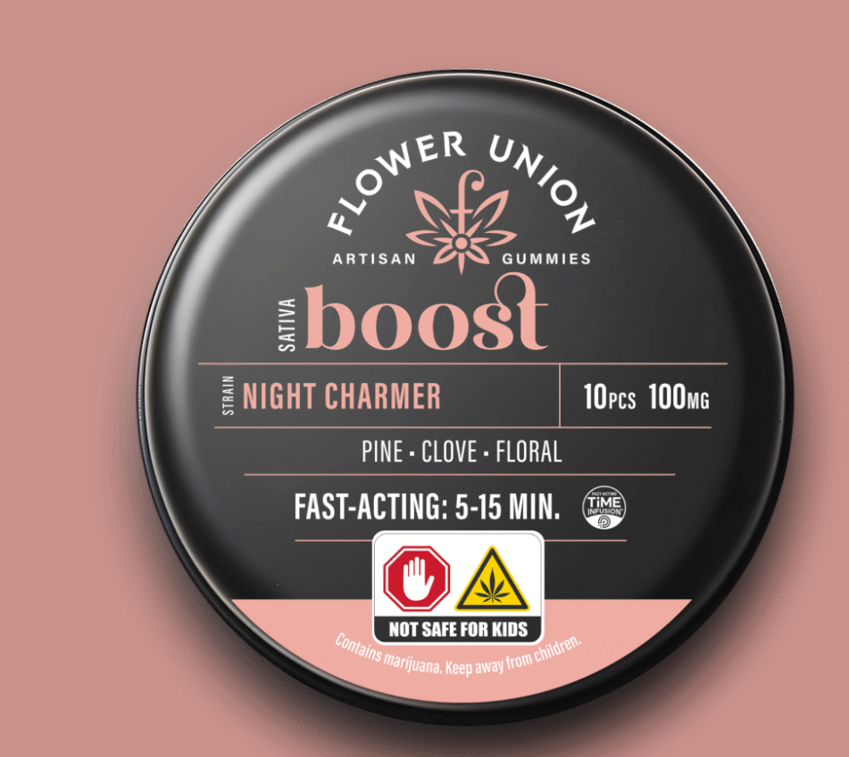 Photograph of product: Flower Union | Edibles | Boost | Night Charmer | fast acting gummies | IOui'd-10pk