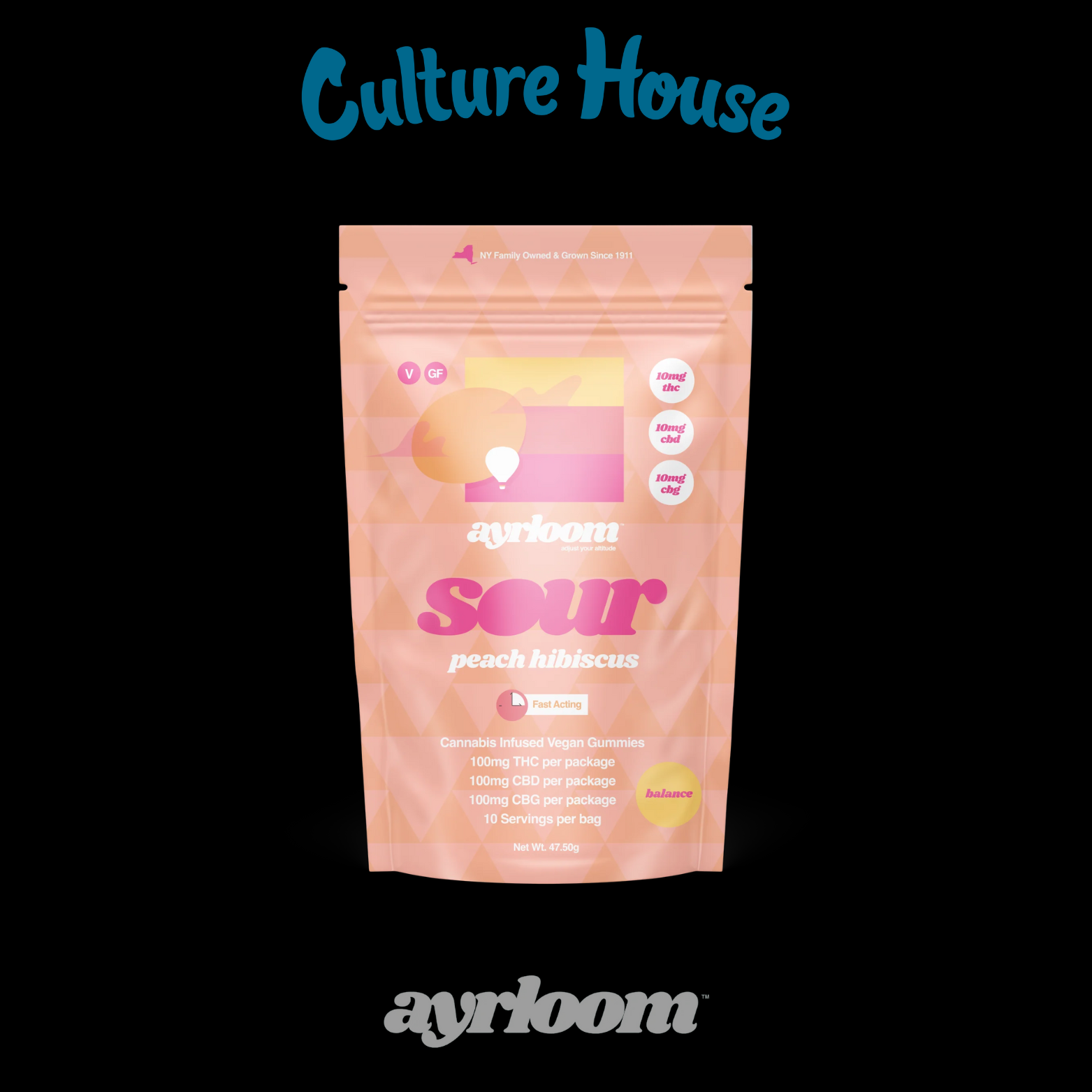 Photograph of product: Ayrloom | Sour Peach Hibiscus | 1:1:1 TH-oui:CBD:CBG | 100mg
