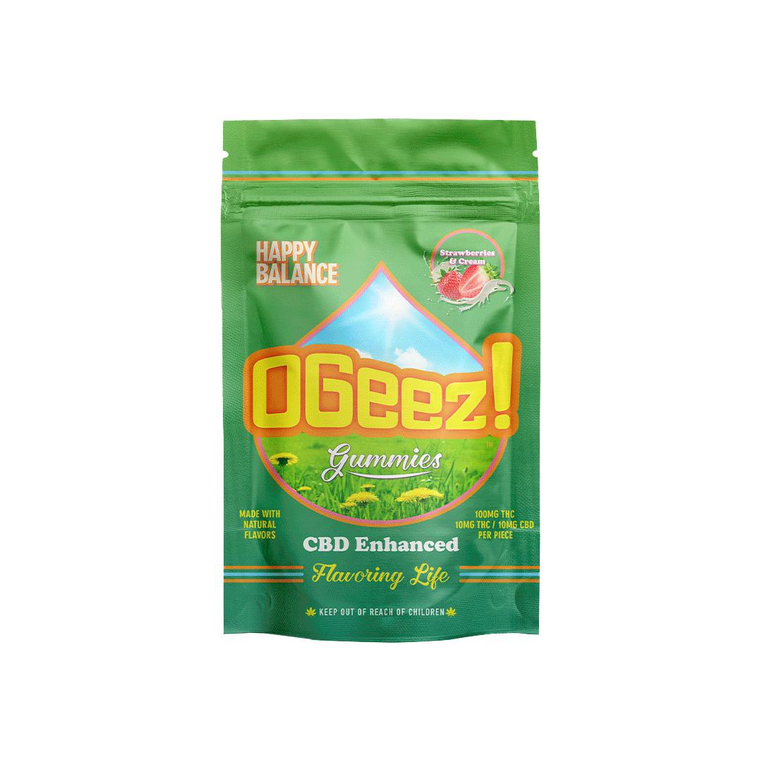 Photograph of product: OGeez Happy Balance 1:1 Strawberries and Cream Gummies 10mg x 10-Pack