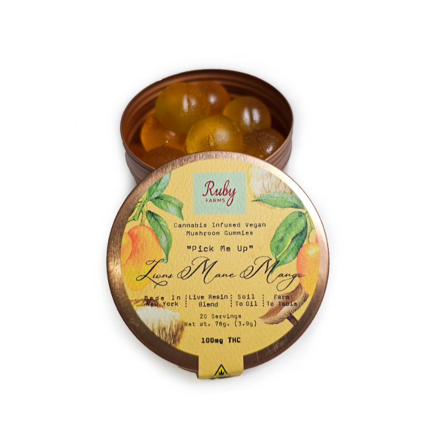 Photograph of product: Ruby Farms | Lions Mane Mango "Pick Me Up" | Live Resin Gummies | 20pk | 100mg