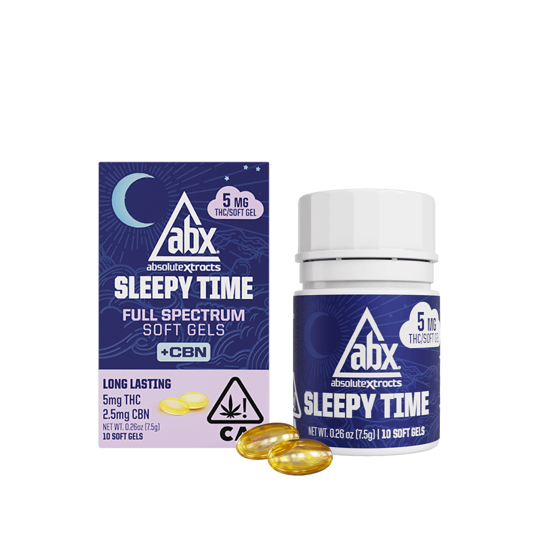 Photograph of product: ABX / absoluteXtracts | Sleepy Time Solventless + CBN Soft Gels (10 Count) | 50mg THC/25mg CBN