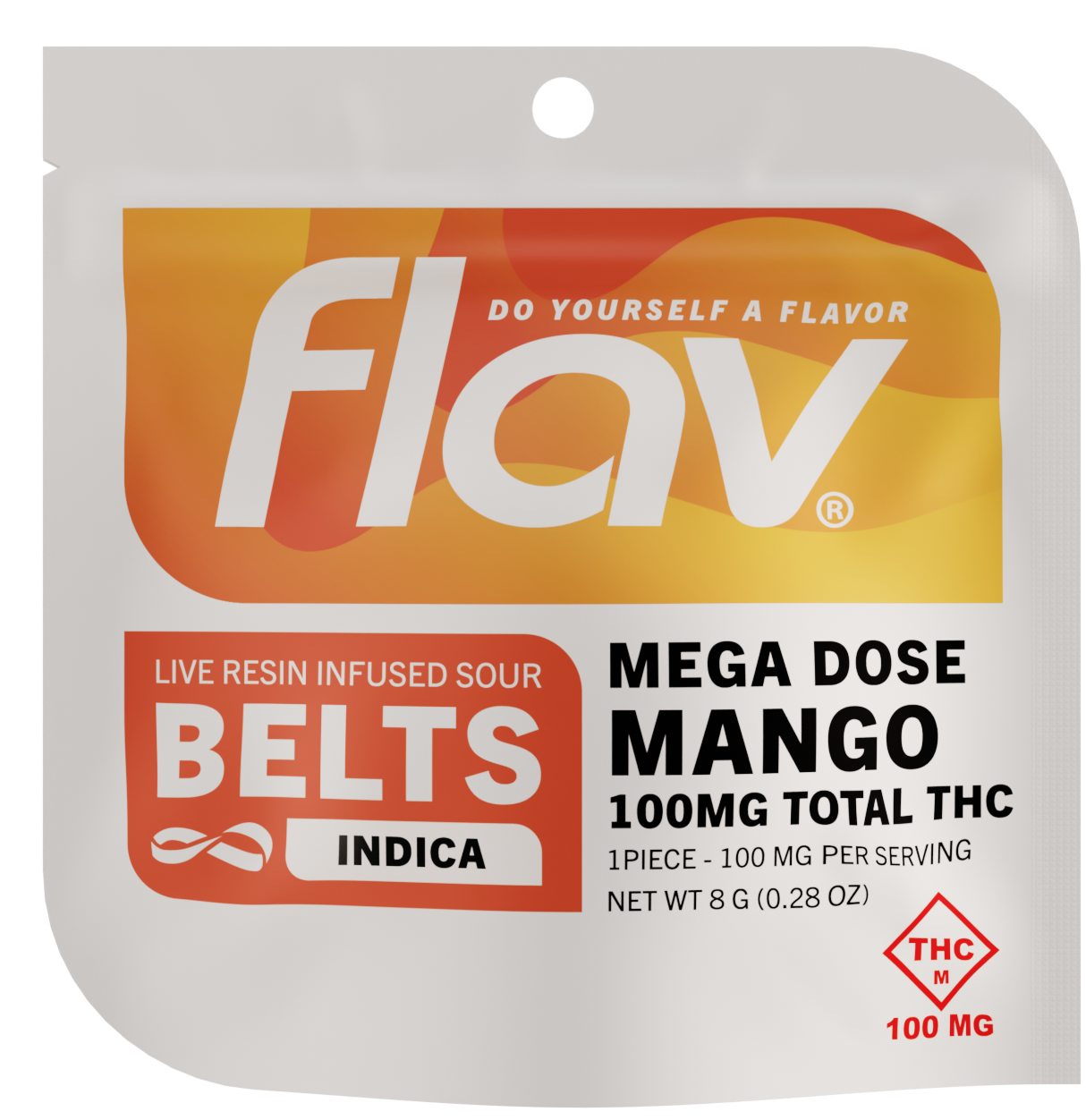 Photograph of product: FLAV - SOUR MANGO MEGA DOSE LIVE RESIN GUMMY BELT 100MG