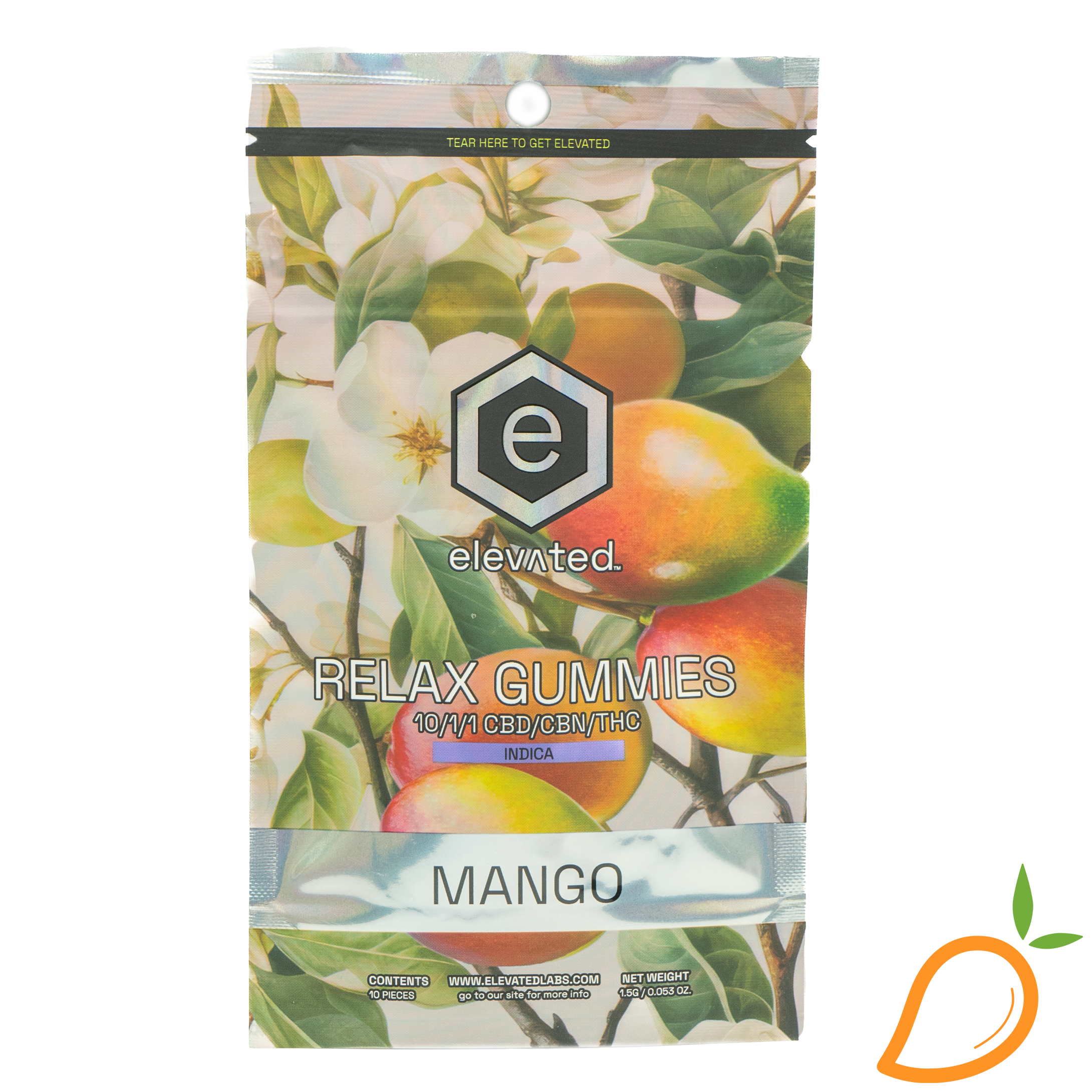 Photograph of product: 100mg 10:1:1 CBD:TH-oui:CBN Mango Relax Gummies Elevated