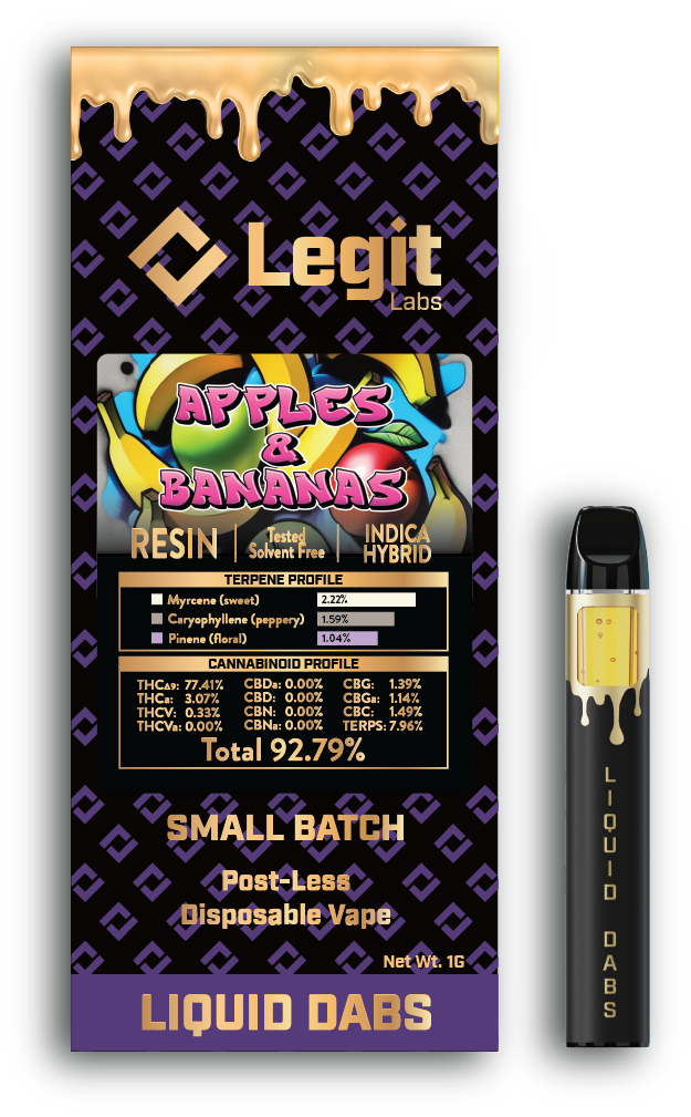 Photograph of product: Legit Labs | Postless Disposable Vapor Cartridge | Cured Resin | Apples & Bananas