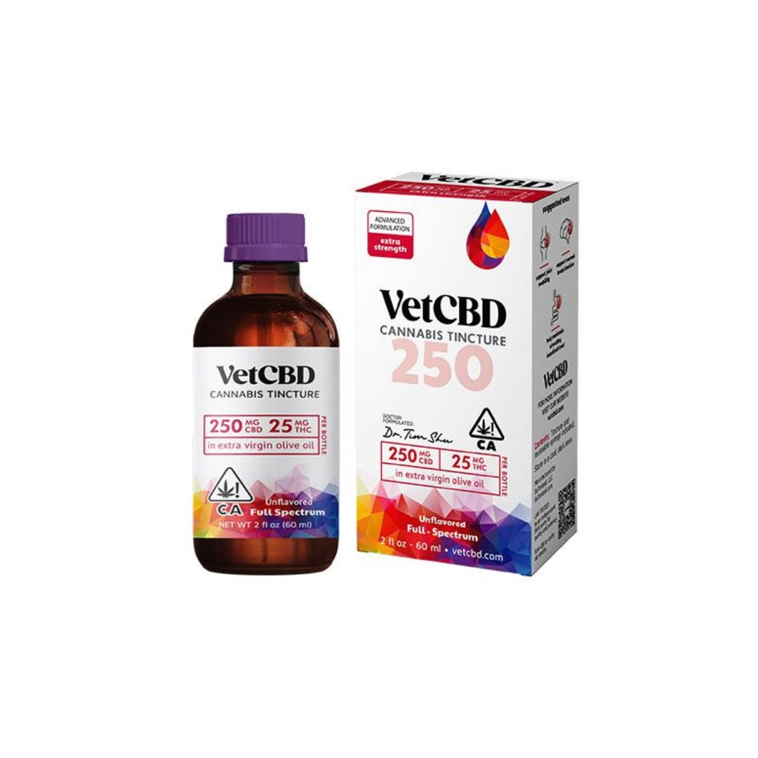 Photograph of product: VETCBD- Tincture 250mg CBD; 25mg TH-oui Extra Strength