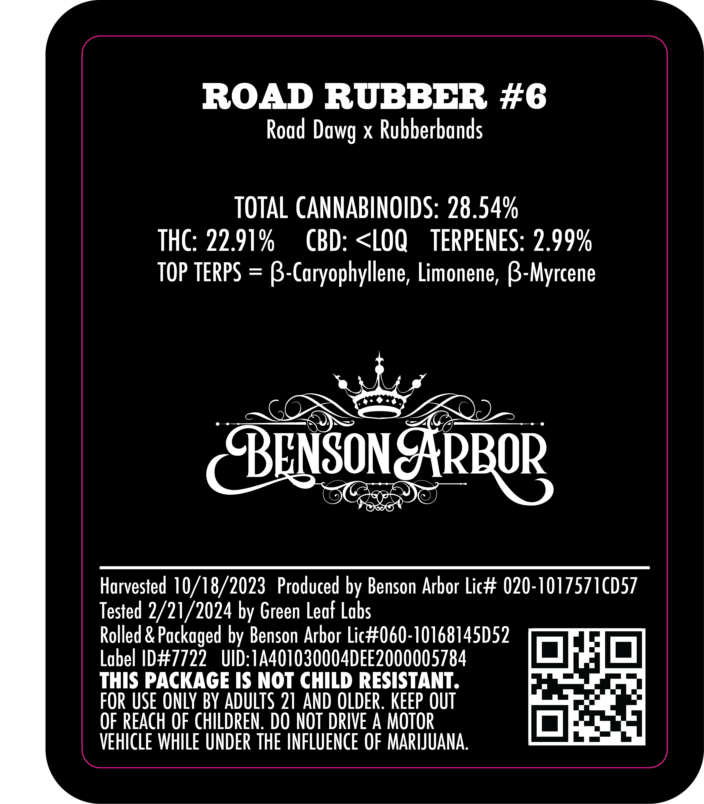 Photograph of product: Benson Arbor - Road Rubber #6 6pk Pre-Rolls (I)