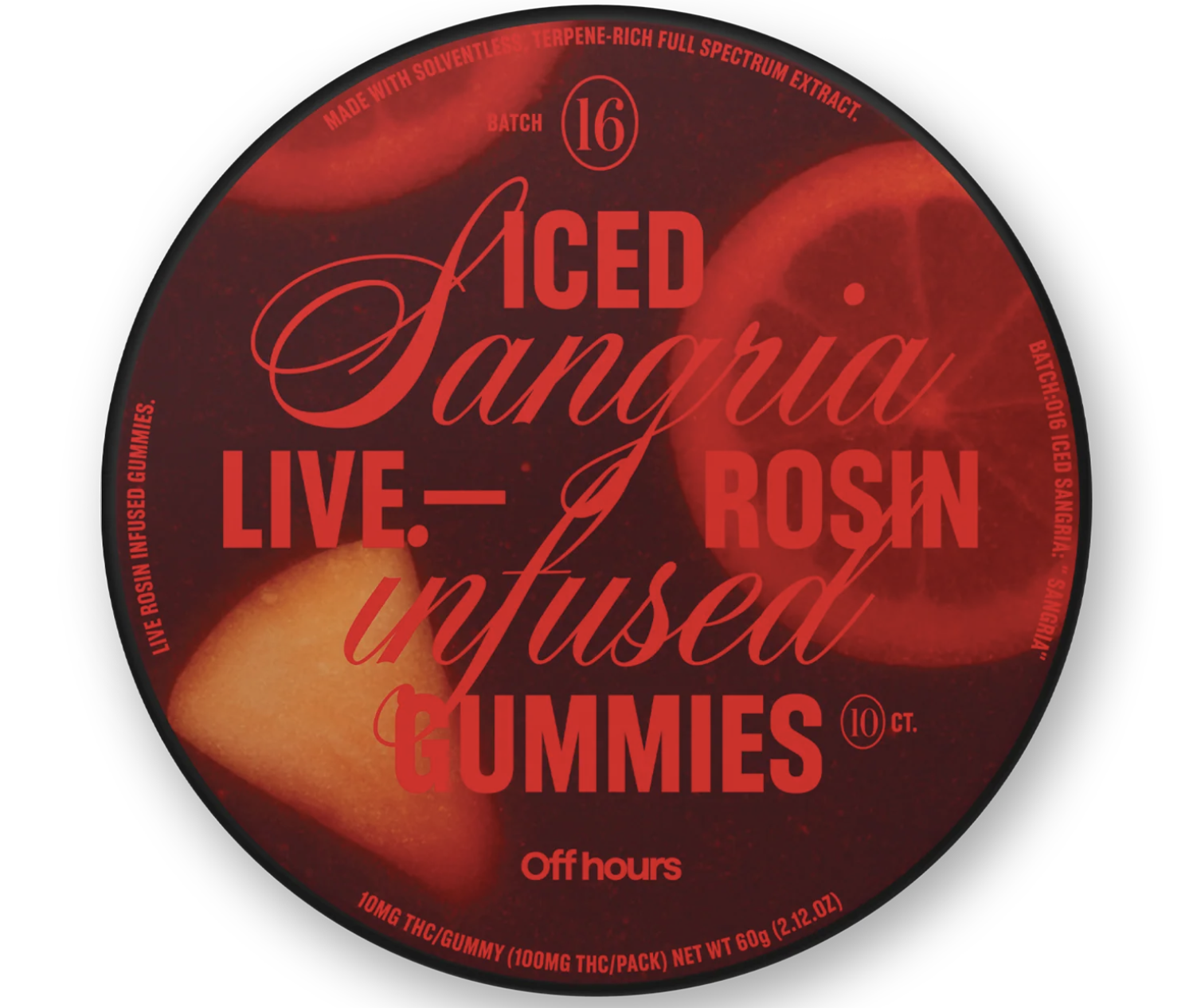 Photograph of product: Off Hours | Iced Sangria | 10mg 10pk Live Rosin Infused Gummies 100mg TH-oui