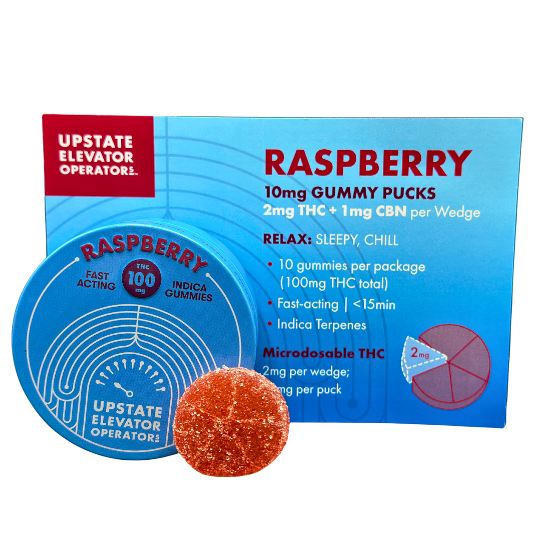 Photograph of product: 100MG Raspberry Gummy Pucks - 2:1 TH-oui + CBN