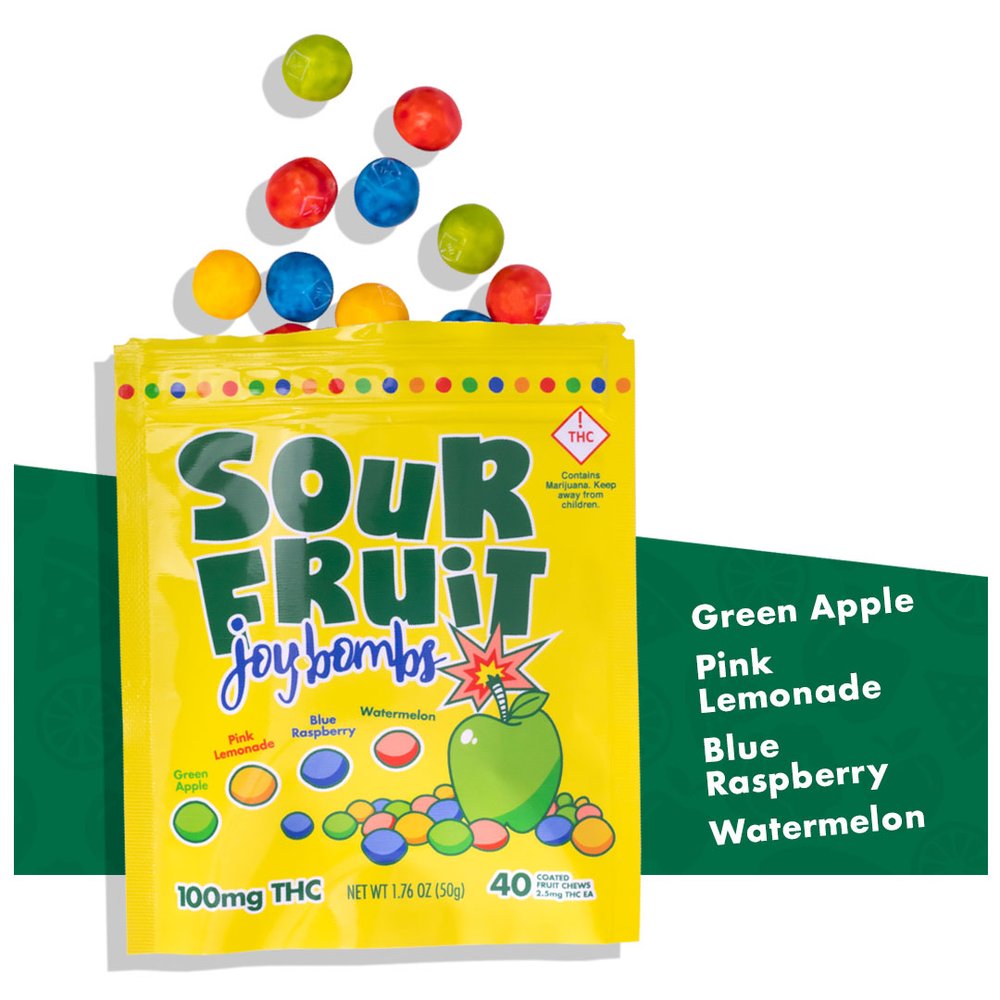 Photograph of product: JOYBOMBS FRUIT CHEWS 100MG SOUR FRUIT 40-PACK