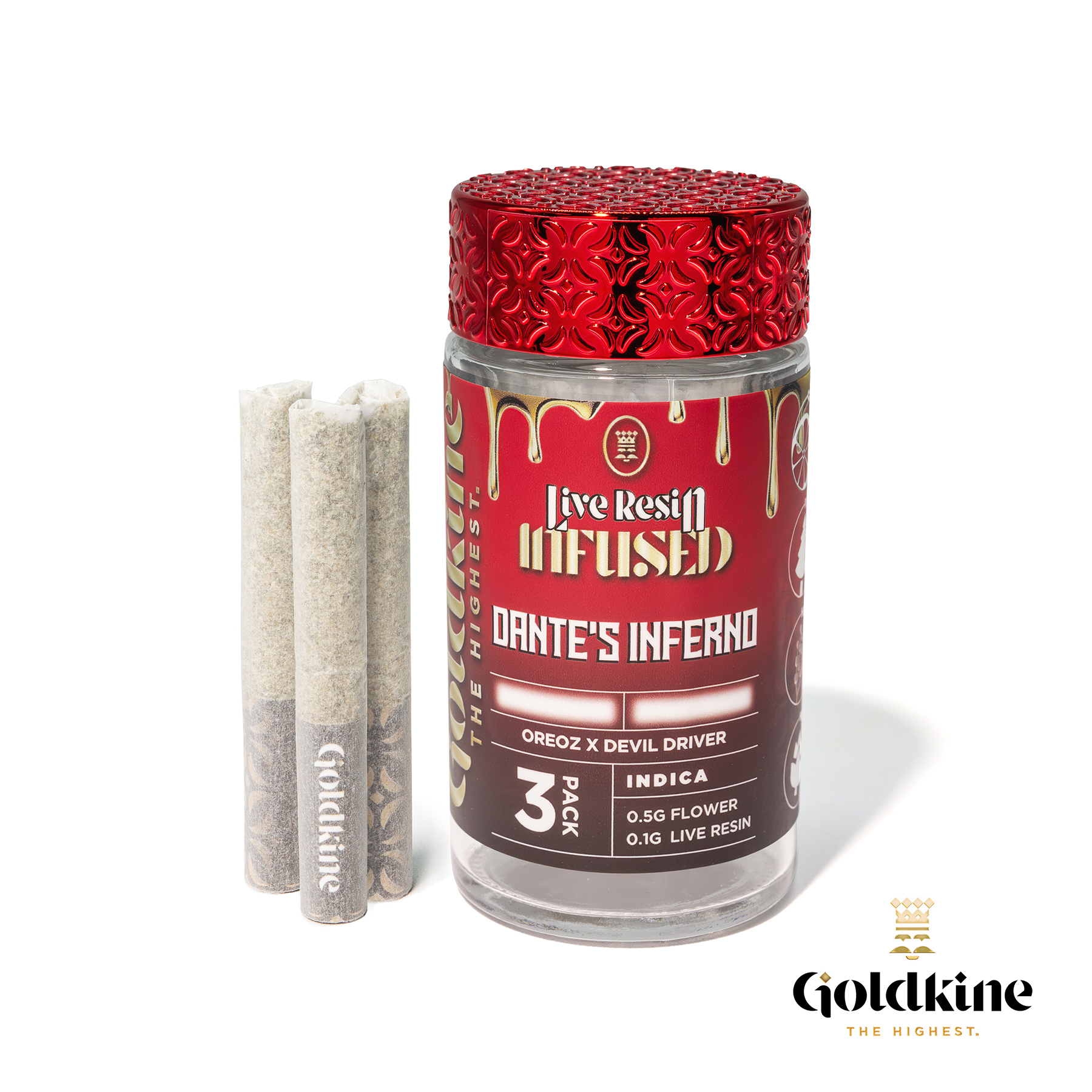 Photograph of product: Goldkine | Dante's Inferno | 3pk/.6G Live Resin Infused Pre-Rolls