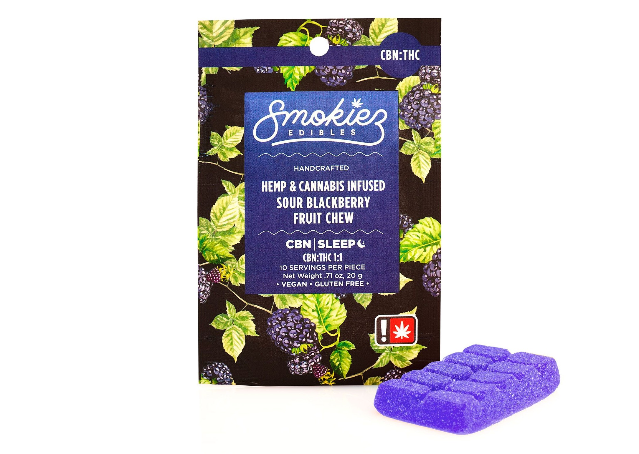 Photograph of product: CBN:TH-oui 1:1 Sour Blackberry Scored-Single Piece 100mg TH-oui:100mg CBN  Fruit Chew