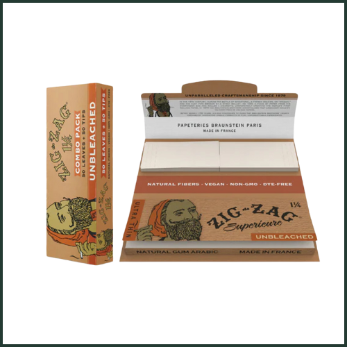 Photograph of product: Zig-Zag | Unbleached Rolling Papers | 1 1/4 | 50 Papers and Tips
