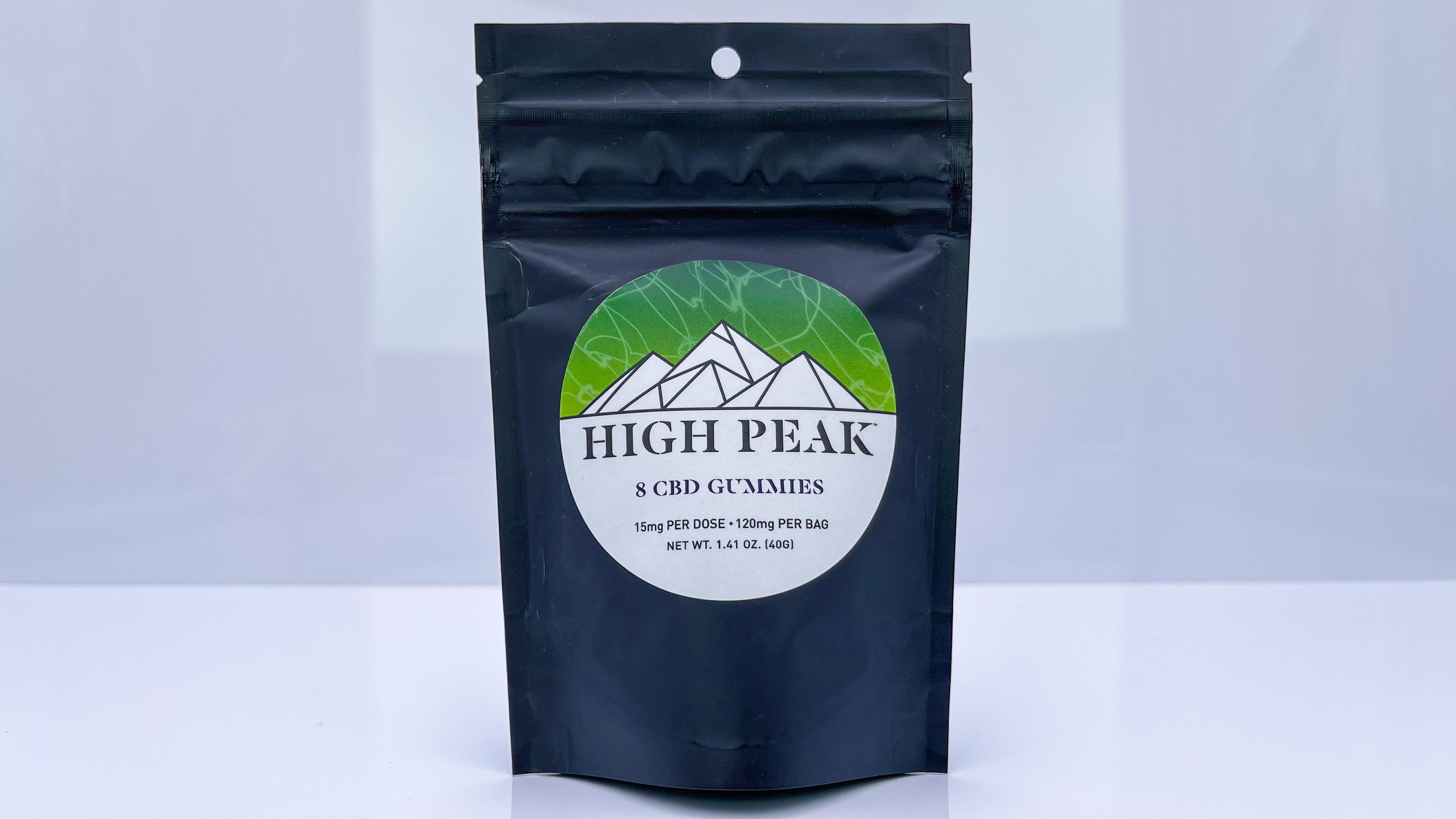 Photograph of product: Gummies. CBD. 127.28mg. Vegan. Assorted Flavors. High Peak