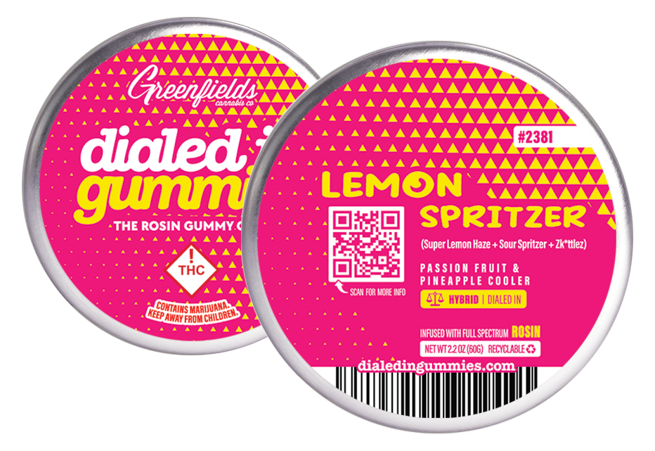 Photograph of product: Dialed In...Gummies (H) Lemon Spritzer Batch #2381 Passion Fruit/Pineapple Cooler Live Rosin Gummies 100mg