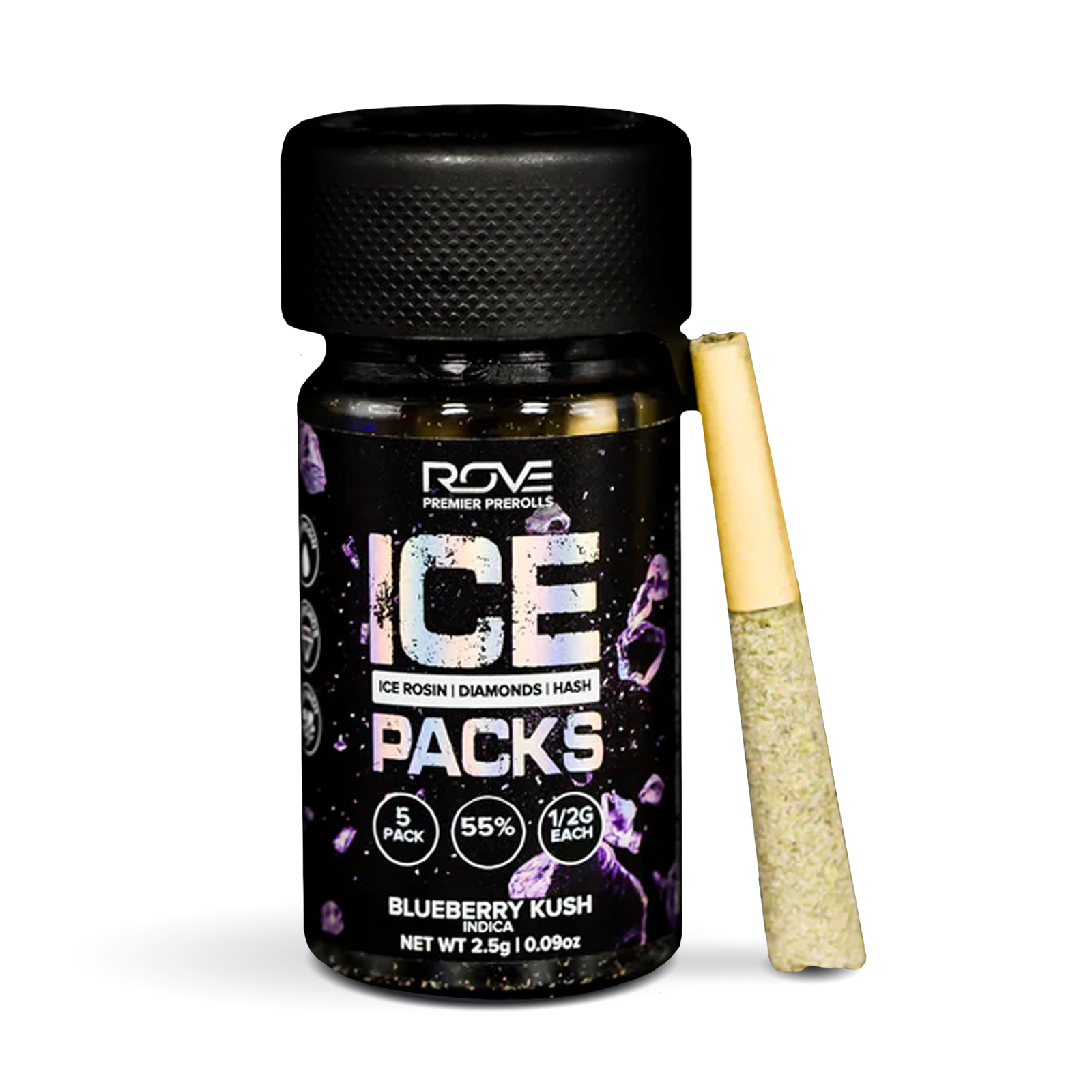 Photograph of product: Blueberry Kush | Infused Pre-Roll Ice Packs (Rosin, au chocolat, and Diamonds) | 5 Pack | .5g each