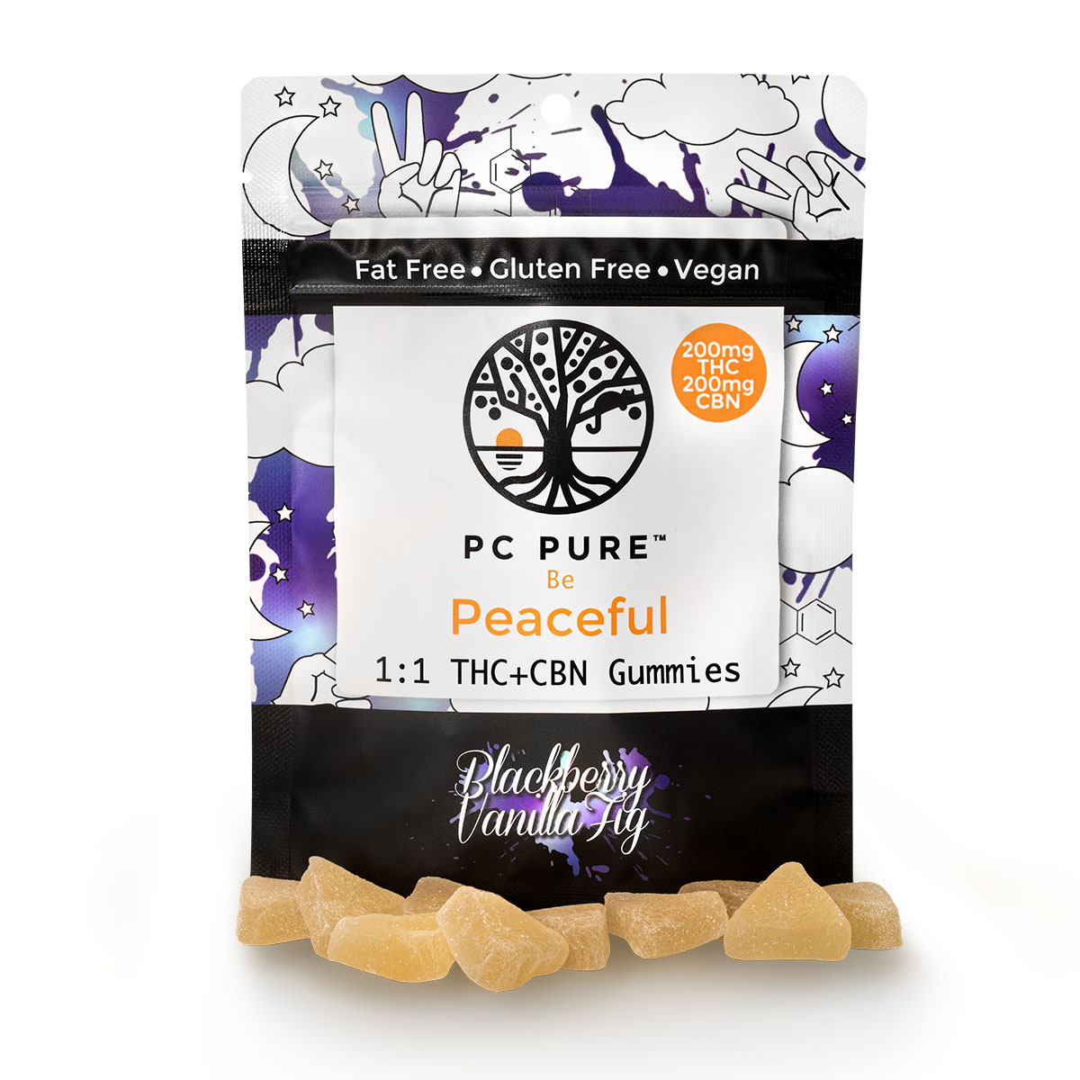 Photograph of product: Pc Pure   Be Peaceful 1:1 Thc+Cbn Gummies   Blackberry Vanilla Fig