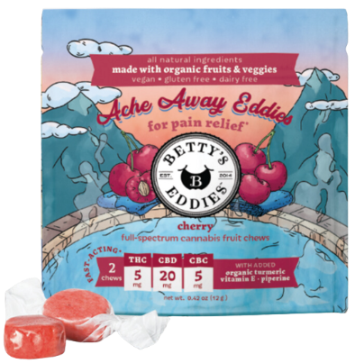 Photograph of product: Fruit Chew | Fast Acting | Ache Away Cherry | 4:1:1 CBD:TH-oui:CBC | 5mg 10pk