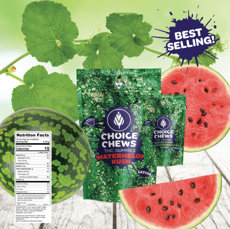 Photograph of product: 100MG SUPER SOUR WATERMELON KUSH CHOICE CHEWS