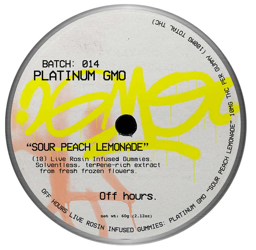 Photograph of product: Off Hours: Live Rosin Infused Gummies - Sour Peach Lemonade (Platinum GMO)