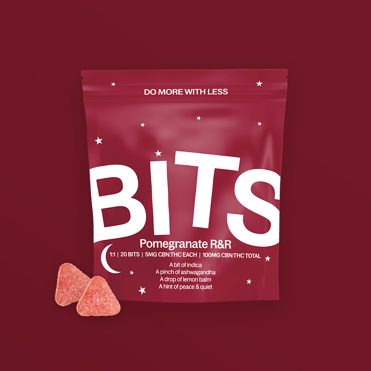 Photograph of product: Bits Gummies: Pomegranate 1:1 CBN/TH-oui  - 10 Pieces/100mg