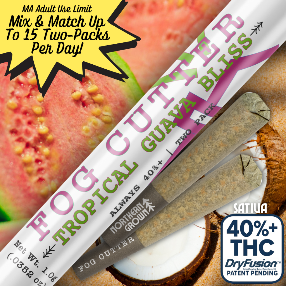 Photograph of product: Infused Preroll Fog Cutter - Tropical Guava Bliss - Hybrid [0.5g x 2] (Northern Grown)