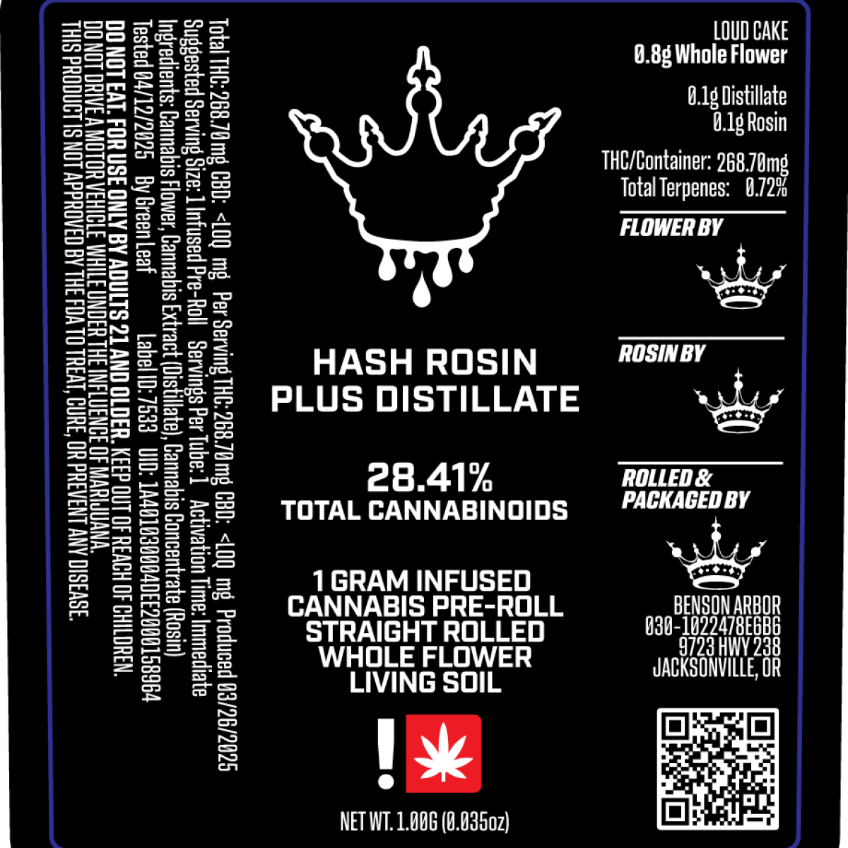 Photograph of product: Pre Roll - Benson Arbor - Black Crown - Loud Cake