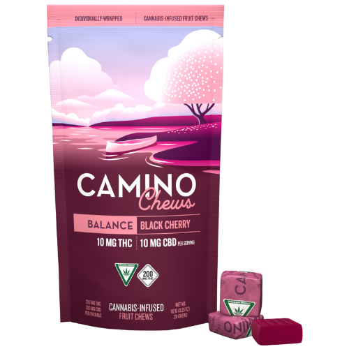 Photograph of product: Kiva Confections Camino Black Cherry Balance Fruit Chews 200mg THC : 200mg CBD