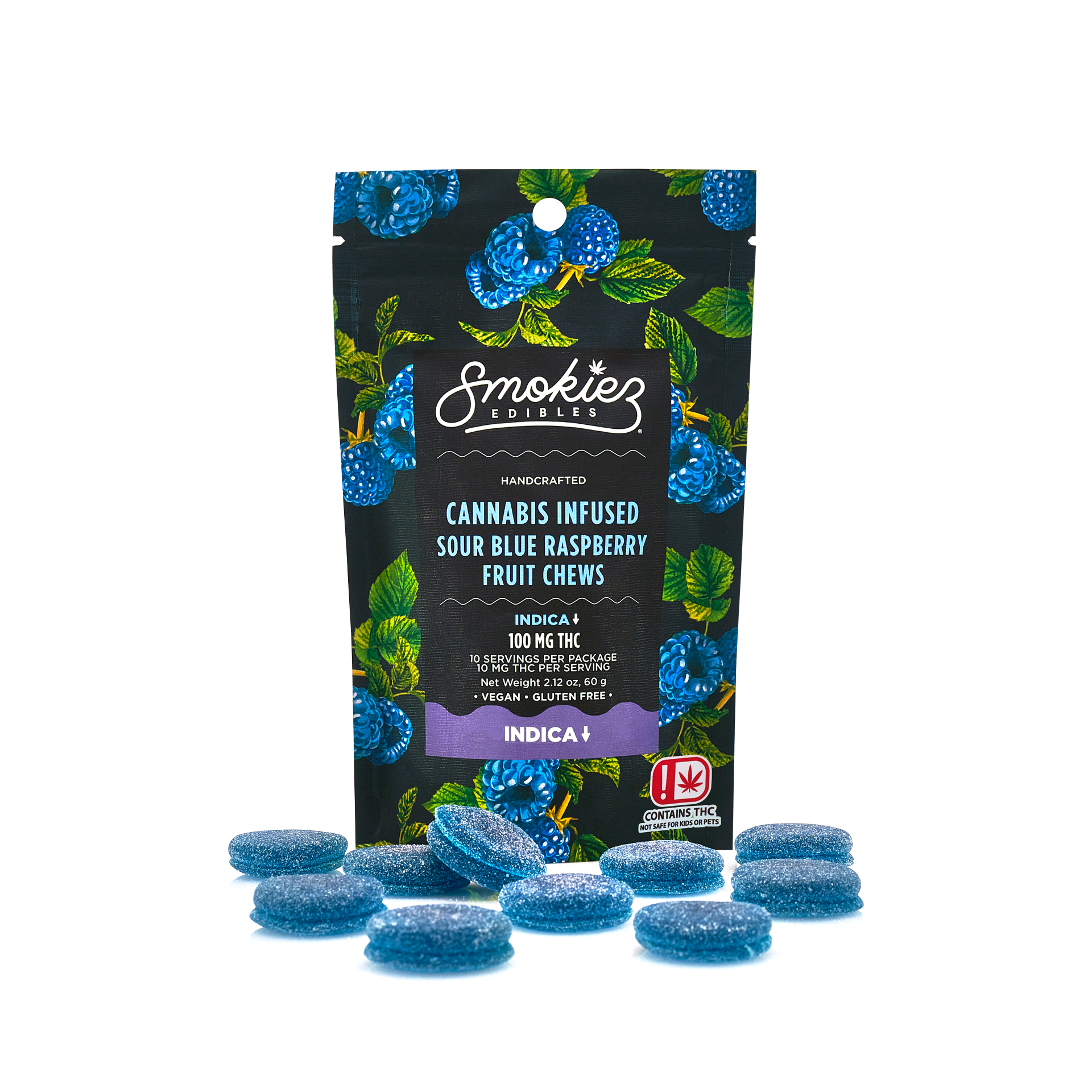 Photograph of Product: Sour Blue Raspberry INDICA Multi Fruit Chews - 100 mg THC